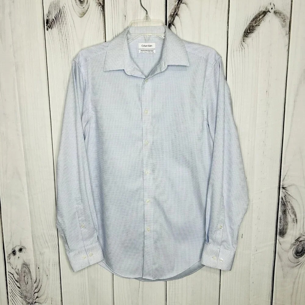 Calvin Klein Mens Infinite Non-Iron Slim-Fit Stretch Shirt Sz M 15 32/33 Blue